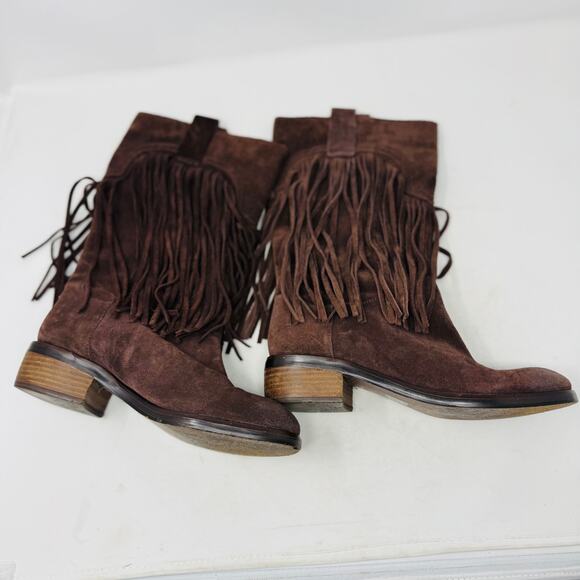 Lucky Brand Suede Fringe Western Boots Brown Mid-Calf Pull On Size 8 - Picture 11 of 11